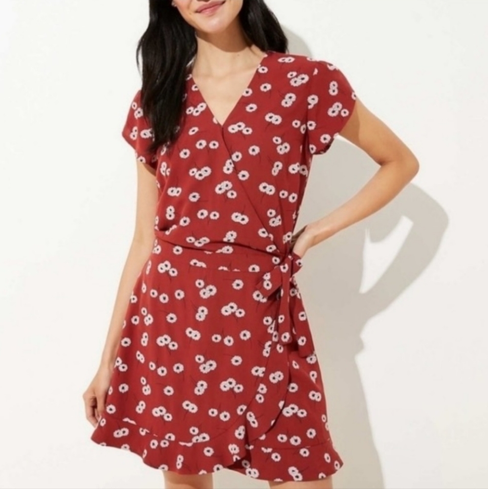 Ann Taylor LOFT Red Floral Romper Mini Wrap Dress